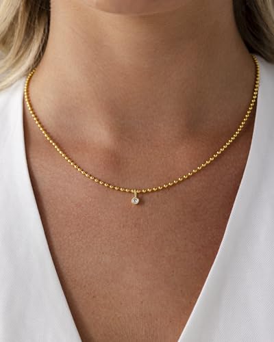 PAVOI 14K Gold Plated Dainty Bezel Set Solitaire Pendant Necklace for Women | Beaded Chain Necklace, Statement Necklace with Round, Princess, Marquise Cubic Zirconia Pendant - color: Yellow Gold, style: Round