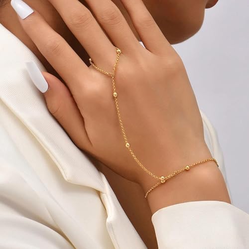 3PCS 14K Gold-Plated Hand Chain Bracelets for Women, Stack Bracelets Set Adjustable, Trendy Dainty Ring Bracelet Hand Chain - color: gold-5-trendy