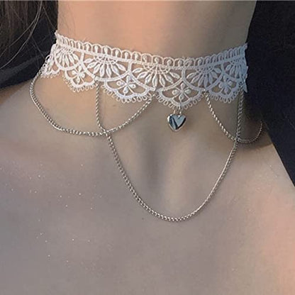 Bethynas Gothic White Lace Sexy Choker Necklace Heart Butterfly Pendant Tassel Collar Neck Chain Bridal Wedding Jewelry for Women Girls - color: Style A