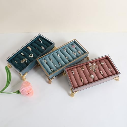 velvet slots Ring holder for jewelry organizer, Earring ring display stand for selling, felt ring jewelry holder tray showcase【Velvet slots Ring Holder-Light blue】 - color: Light blue