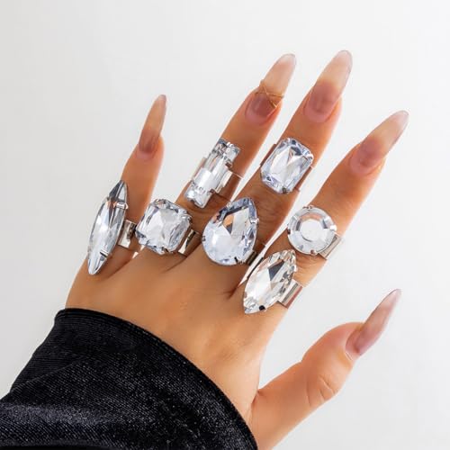 FUTIMELY 7Pcs Exaggerated Chunky Large Rhinestone Ring Set,Glitter Heart Square Oval Teardrop Knuckle Rings,Unique Red Crystal Open Rings Pack Cocktail Jewelry - color: Silver