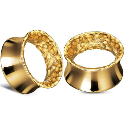 LADEMAYH 2PCS Hammered Ear Plugs Gauges for Ears, Punk Textured Tunnels | Industrial Style, Double Flared Expander, 316L Surgical Stainless Steel, Hypoallergenic, Saddle Fit, Ear Stretching Jewelry - color: #6598 Gold, size: 1/2"(12mm)