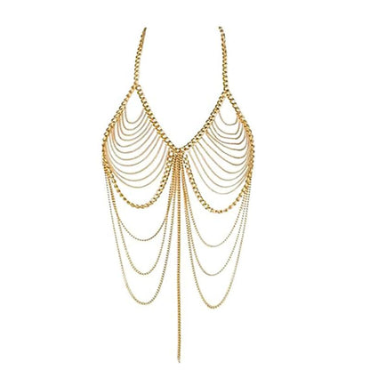 Sexy tassel body chain bra chain gold body jewelry bikini chain beach shoulder chain accessories carnival nightclub party gift (golden-3666) - style: golden-3666