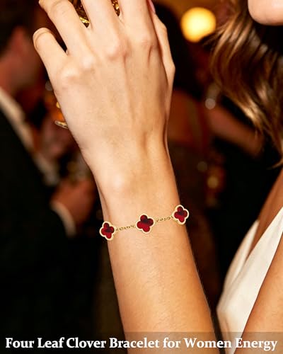 Four Leaf Clover Bracelet for Women 18K Gold Plated Stainless Steel 4 Leaf Link Chain Adjustable Bracelets Lucky Gift for Women/White/Black/Rich Red/Emerald Green/ Navy Blue/Pink Bracelets - color: Dark Red/Gold