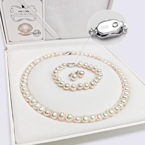 Freshwater Cultured Pearl Necklace Set Includes Stunning Bracelet and Stud Earrings Jewelry for Women Gift for Mother's Day, Anniversary, Birthday, Wedding - size: 18-inch Pearl Jewelry Set