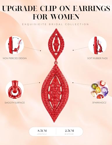 THUNARAZ Clip on Earrings for Women Non Pierced Glitter Rhinestone Crystal | Clip-On Earrings, Wedding Bridal Earrings, Non Pierced Ears, Dangle Earrings, Fake Earrings, Fashion Jewelry - color: Red