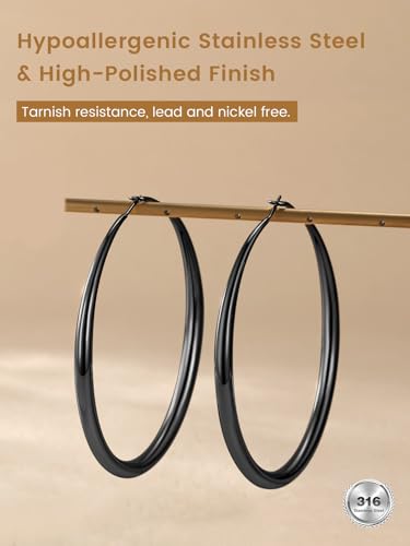 KeyStyle 5mm Thick Hoop Earring，Large Gold Hoop Earrings for Women | Stainless Steel Hoops Earring 14K Gold Plated/Silver/Black Hoop Lightweight Hypoallergenic Hollow Tube Hoop(40/60/80MM) - color: Black, size: 80mm