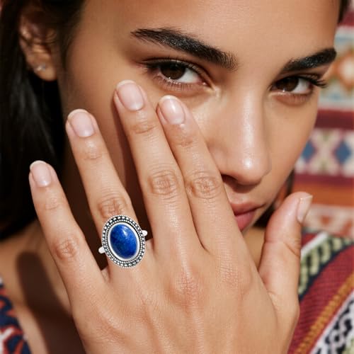 Retro Sterling Silver Stone Ring,Antique Natural Real Oval Crystal Quartz Gemstone Boho Bohemian Ring Jewelry for Women - color: A08_Lapis Lazuli