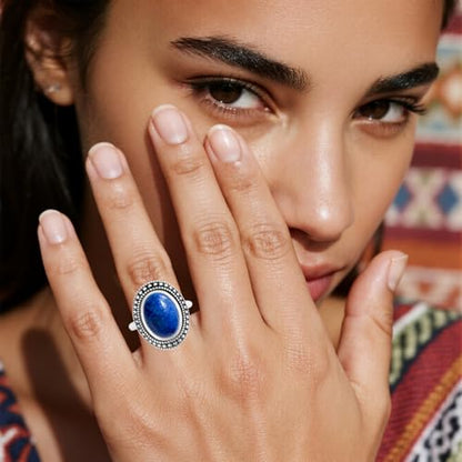 Retro Sterling Silver Stone Ring,Antique Natural Real Oval Crystal Quartz Gemstone Boho Bohemian Ring Jewelry for Women - color: A08_Lapis Lazuli