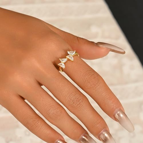 Adjustable Rings for Women 18K Gold Plated daisy Flower Butterfly Ball Cubic Zirconia Rings Dainty Open Stacking Ring - color: Double Butterfly-Gold