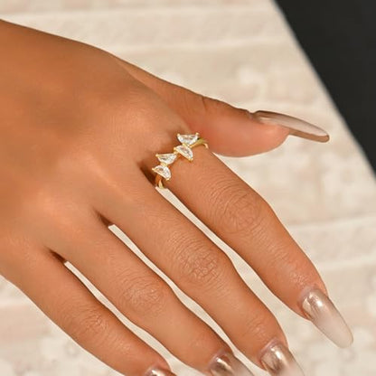 Adjustable Rings for Women 18K Gold Plated daisy Flower Butterfly Ball Cubic Zirconia Rings Dainty Open Stacking Ring - color: Double Butterfly-Gold