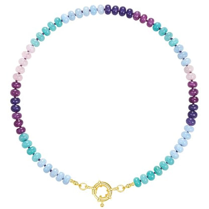 KissYan Beaded Gemstone Necklaces for Women | Colorful Bead Natural Stone Choker with 14K Gold Plated Spring Ring Clasp, Handmade Knot Jewelry for Summer Beach - color: U-Purple & Green