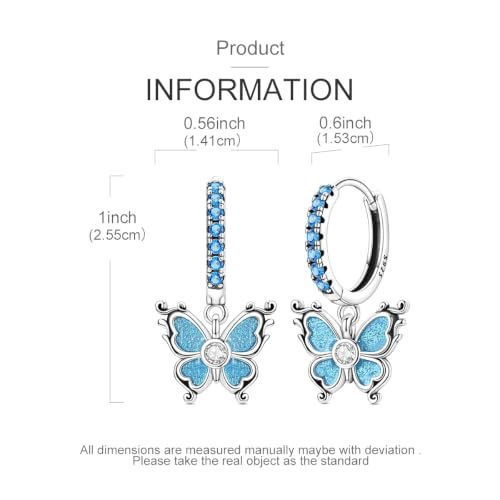 925 Sterling Silver Dangle Whale Shark Butterfly Bow Earrings for Women | Hypoallergenic Huggie Hoop Drop Cross Earrings for Sensitive Ears, Cubic Zirconia Statement Trendy Jewelry Birthday Gifts - color: Blue Sparkling Butterfly