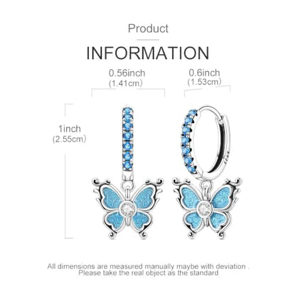 925 Sterling Silver Dangle Whale Shark Butterfly Bow Earrings for Women | Hypoallergenic Huggie Hoop Drop Cross Earrings for Sensitive Ears, Cubic Zirconia Statement Trendy Jewelry Birthday Gifts - color: Blue Sparkling Butterfly