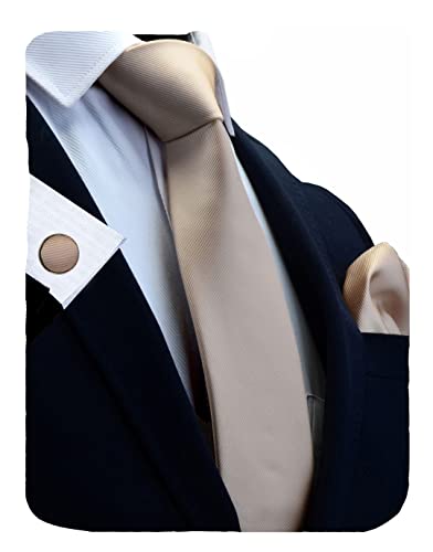 GUSLESON 3.15"（8cm） Solid Color Necktie and Pocket Square Cufflinks Sets For Men + Gift Box - color: Champagne