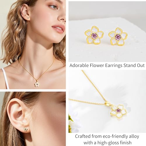 Flower Necklace Earrings Set for Women 14K Gold Plated Hypoallergenic Sets Pair with Different Birthstones for Wedding Party Bridal Bridesmaid Accessories Teacher Valentine Gifts - color: Gold