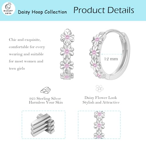 Sterling Silver Hoop Earrings for Women, Dainty Small Huggie Hoop Earrings | Hypoallergenic Daisy Color Cubic Zirconia Flower Hoops Earring Jewellery Gifts for Ladies Birthday Wedding, 12mm Hoop - color: Pink