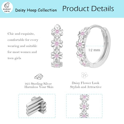 Sterling Silver Hoop Earrings for Women, Dainty Small Huggie Hoop Earrings | Hypoallergenic Daisy Color Cubic Zirconia Flower Hoops Earring Jewellery Gifts for Ladies Birthday Wedding, 12mm Hoop - color: Pink