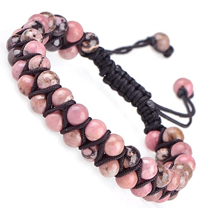 MASSIVE BEADS Double Layer Natural Chakra Healing Power Crystals Macrame Bracelet Yoga Stone Beads Gemstone Meditation Relax Anxiety Bangle for Unisex Women Men - color: Pink Black Rhodonite, size: 6mm