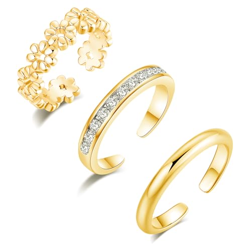 Sfoni 3Pcs Toe Rings for Women Men, Adjustable Open Toe Ring 18K Gold Cubic Zirconia Moonstone Daisy Flower Simple Thin Band Hug Rings Stackable Hawaiian Summer Beach Foot Jewelry Set - color: #Style 1-Gold-3pcs
