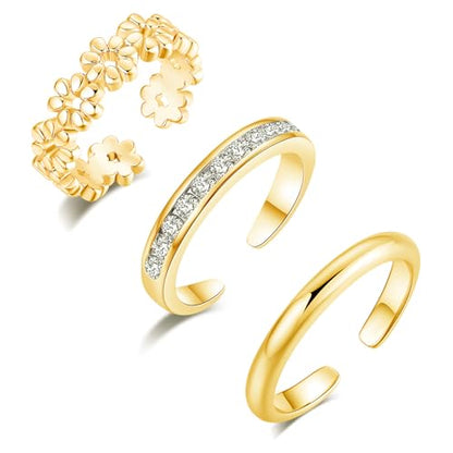 Sfoni 3Pcs Toe Rings for Women Men, Adjustable Open Toe Ring 18K Gold Cubic Zirconia Moonstone Daisy Flower Simple Thin Band Hug Rings Stackable Hawaiian Summer Beach Foot Jewelry Set - color: #Style 1-Gold-3pcs