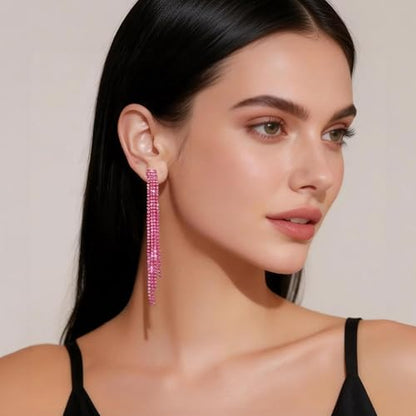 Rhinestone Clip on Earrings for Women Gold/Silver Prom Dresses 2026 Sparkly Chandelier Long Earrings Wedding Guest Jewelry - color: Pink Clip on