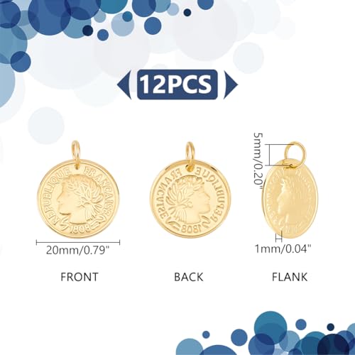 UNICRAFTALE 12pcs Stainless Steel Coin Pendant Republique Francaise 1808 Metal Pendant Flat Round Charms Coin Dangle Medallion Charm for DIY Jewelry Making - color: Golden