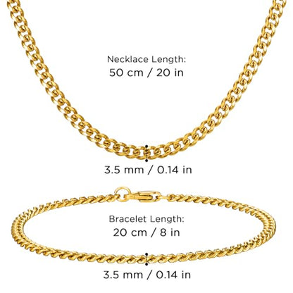 NORBU Stainless Steel Cuban Link Chain and Bracelet Set for Men, Chains 3.5mm/5mm/7mm Width, Bracelet 7 1/2" and 8" Length, No Tarnish & Durable Mens Jewelry - size: 20"Chain & 8"Bracelet, style: Cuban Set - 3.5mm