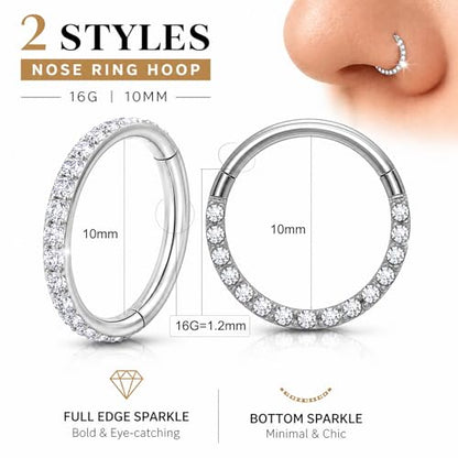2PCS 16G Titanium Nose Rings for Women, Nostril and Septum | F136 Implant Grade Titanium, Hypoallergenic, 1.2 mm ×8 mm, Faceted and CZ Hinged Clicker Hoops for Nostril or Septum - color: Style A Silver-10mm