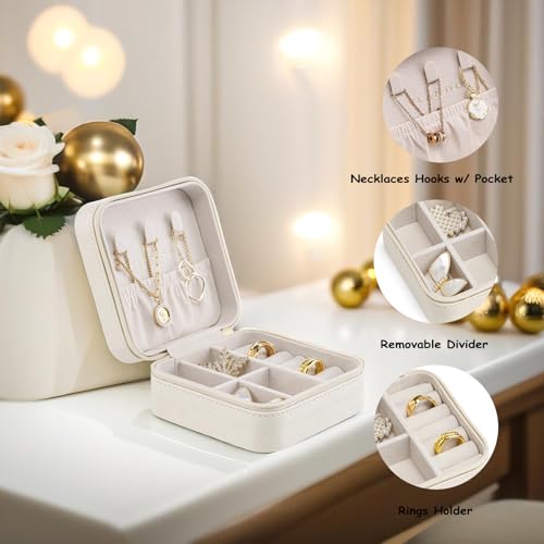 VLANDO Small Travel Jewelry Box Organizer Display Case for Girls Women Gift Rings Earrings Necklaces Storage, Beige - color: Beige