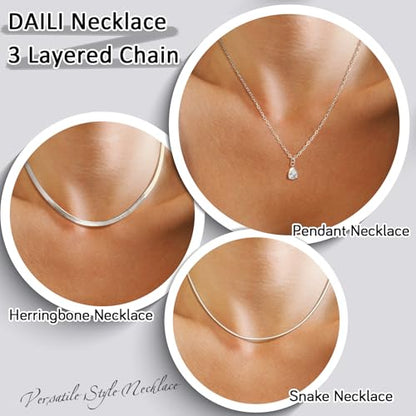 Layered Necklaces for Women,14k Gold Plated Dainty Necklace Stack Set Non Tarnish Adjustable Silver Stainless Steel CZ Heart Circle Pendant Paperclip Choker Herringbone Snake Chain Jewelry - style: CZ Layered Necklace-Silver