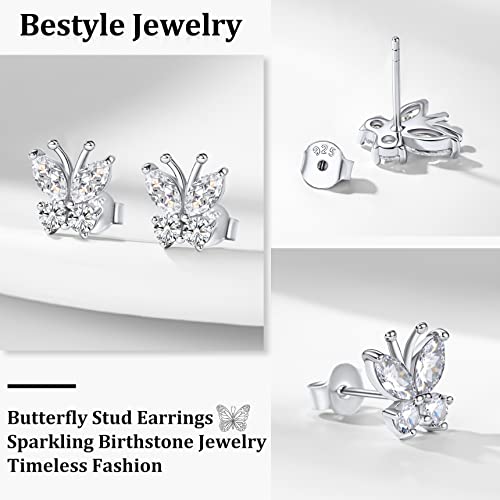 Bestyle Gold Butterfly Earrings for Women, Dainty Cute Birthstone Studs Hypoallergenic Jewelry, Great Birthday Gift - style: 04.April (Clear Quartz)-STUD