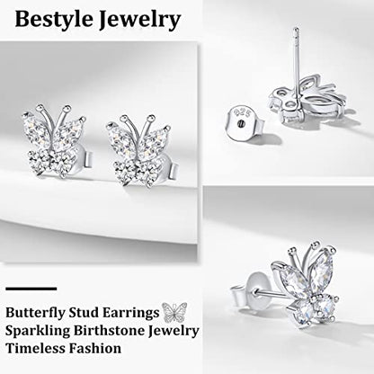 Bestyle Gold Butterfly Earrings for Women, Dainty Cute Birthstone Studs Hypoallergenic Jewelry, Great Birthday Gift - style: 04.April (Clear Quartz)-STUD
