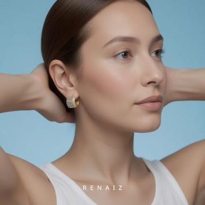 RENAIZ Bold Statement Hoop & Stud Earrings for Women – 14K Gold & Rhodium Plated Maximalist Jewelry, Chunky Geometric Boho Earrings, Hypoallergenic Non-Tarnish Trendy Gift - color: Yellow Gold, style: Chunky-White