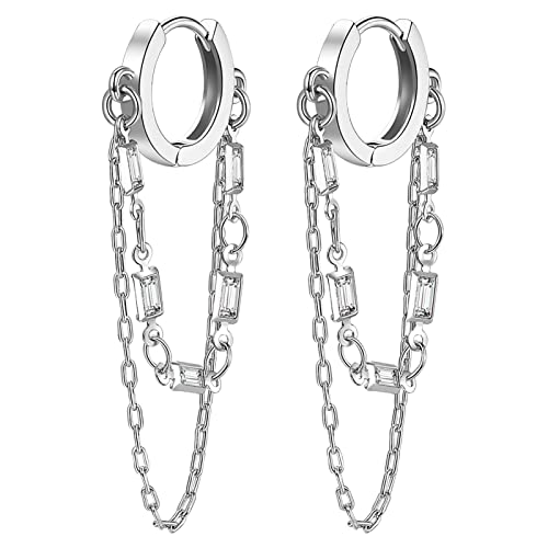 Tassel Chain Small Gold Hoop Dangle Earring For Women Huggie Earring Heart Star CZ 14K Gold Plated Fashion Jewelry Graduation Gift for Her Mothers Day Gifts for Mom - color: Rectangle-Silver