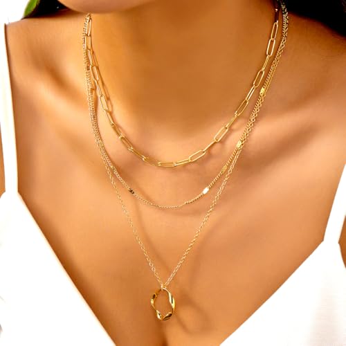 Gmai Layered Necklaces for Women Gold Plated 3/4/5 Piece Adjustable Stackable Necklace Set with Pearl Cross Coin Pendant Dainty Gold Silver Choker Chain Jewelry Gift for Her - style: Circular paperclip pendant