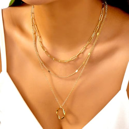 Gmai Layered Necklaces for Women Gold Plated 3/4/5 Piece Adjustable Stackable Necklace Set with Pearl Cross Coin Pendant Dainty Gold Silver Choker Chain Jewelry Gift for Her - style: Circular paperclip pendant