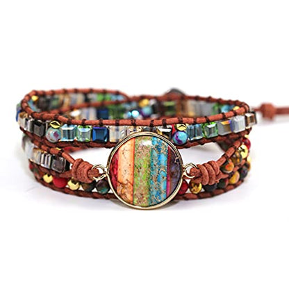 Women Wrap Bracelet Boho Natural Jasper Crystal Stone Beads Strand Bracelets - color: Style 02-Colored Agate