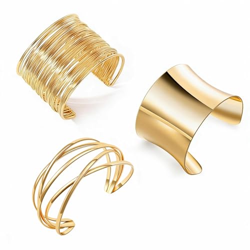 3PCS Gold Chunky Cuff Bracelets for Women Irregular Minimalist Statement Bangle Bracelets Set Open Wide Bangle Arm Cuff Upper Arm Punk Jewelry - color: 3PCS Bracelet Style 2