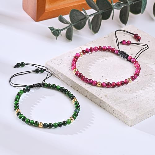 Natural Stone&925 Sterling Silver/18K Gold Anklet,│4MM│9-12 in│, Hand Woven, Adjustable Size - color: Rose Tiger's Eye Anklet,4MM