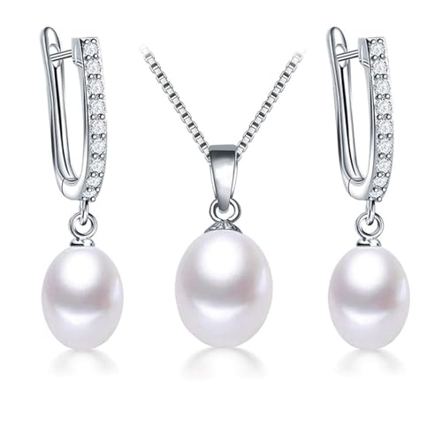 Pearl Jewelry Set For Women Pearl Pendant Necklace & Pearl Earrings with Sparkling Rhinestones 925 Sterling Silver Freshwater Pearl Drop Jewelry Set for Wedding Prom Gift - color: Silvery-White