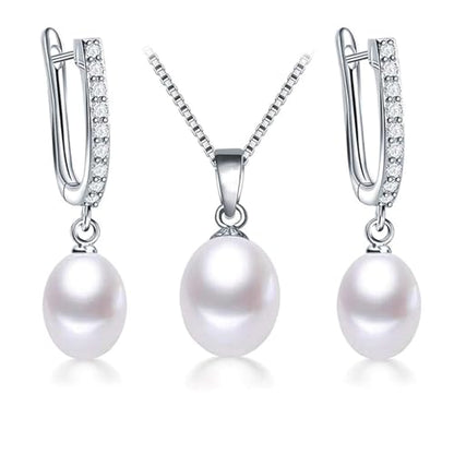 Pearl Jewelry Set For Women Pearl Pendant Necklace & Pearl Earrings with Sparkling Rhinestones 925 Sterling Silver Freshwater Pearl Drop Jewelry Set for Wedding Prom Gift - color: Silvery-White