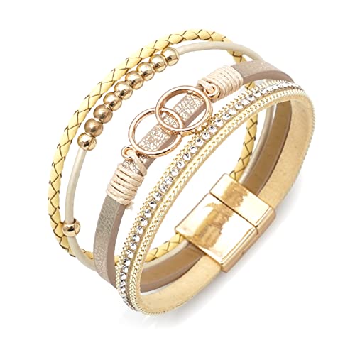 Multi-layer Leather Bracelets Multi-strand Wrap Bracelets Handmade Braided Rope Cuff Bangle with Magnetic Buckle Jewelry - color: Circle