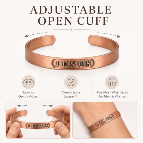 Pure Copper Bracelet for Men & Women, JESUS Engraved Adjustable Open Bangle, Uncoated Hammered Christian Jewelry Gift
