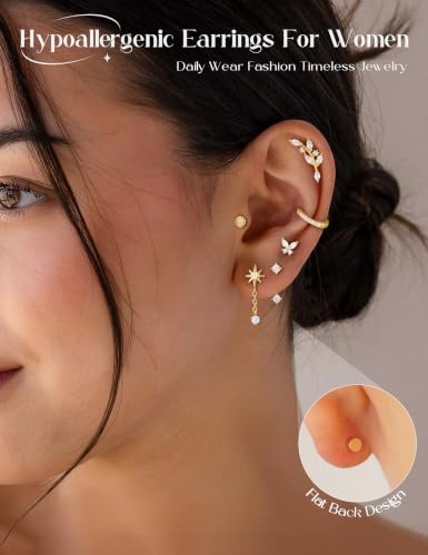 Turandoss 24Pcs Flat Back Earring Stacks, 316L Surgical Steel Earrings | Hypoallergenic Earrings for Sensitive Ears, Small Dainty Earrings Set, Helix Tragus Conch Daith Piercing Jewelry - color: 14K Gold Plated