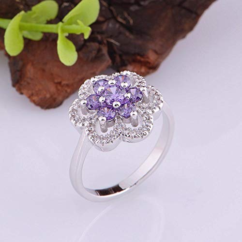 Uloveido Women's Platinum Plated Cubic Zirconia Flower Pendant Necklace Hoop Earrings and Rings Set Crystal Wedding Jewelry T489 - color: Purple