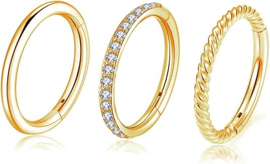 16G 18G 6mm 8mm 10mm Hinged Clicker Segment CZ Twisted Clicker Nose Rings Hoop Helix Cartilage Daith Tragus Sleeper Earrings Body Piercing for Women Men - style: 18G - 10mm - 3Pcs Gold