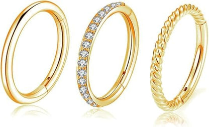 16G 18G 6mm 8mm 10mm Hinged Clicker Segment CZ Twisted Clicker Nose Rings Hoop Helix Cartilage Daith Tragus Sleeper Earrings Body Piercing for Women Men - style: 18G - 10mm - 3Pcs Gold