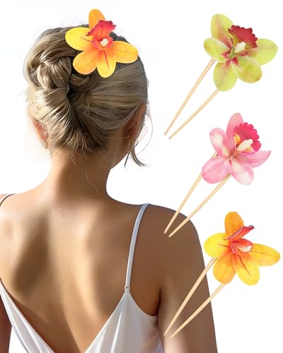 WELROG 3-Pcs Metal Hawaiian Orchid Hair Pins, Non-Slip Stick for Beach Updo | Tropical Flower Vibes,Weddings and Vacations - color: Yellow+Pink+Greem