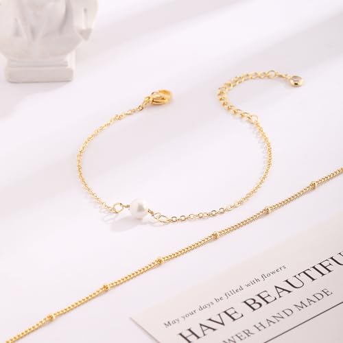 Cuzmly Bracelets for Women, Waterproof 14K Gold/Silver Plated Stackable Bracelets for Women Non Tarnish Trendy Dainty Paperclip Figaro Box Herringbone Hand Chain Bracelet Pack Stack Adjustable Jewelry for Women - style: 2 Single Pearl